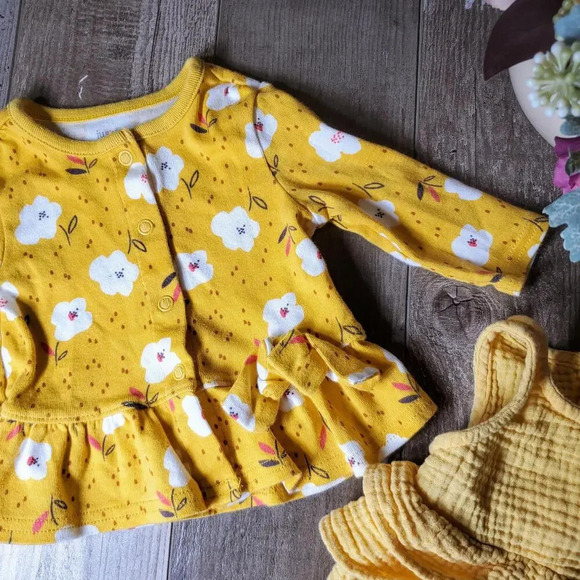 Cat & Jack & Carter's Yellow Gauze Ruffle Romper w/ Floral Cardigan Sweater 0-3M - Picture 10 of 12